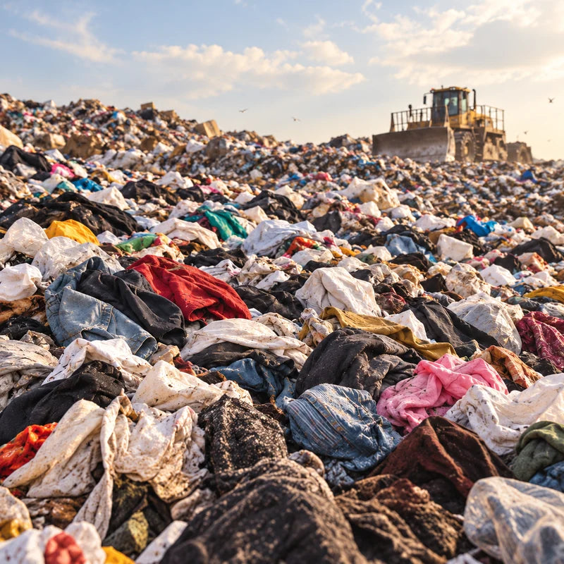 Amas de vêtements et de déchets textiles dans une décharge.
