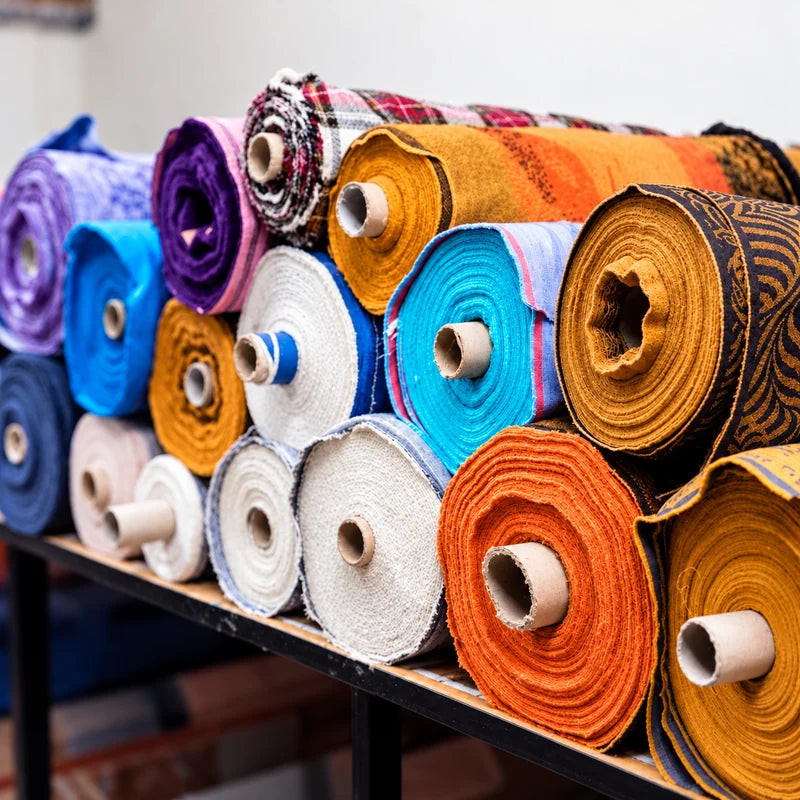 Rouleaux de tissus de différentes couleurs et textures.