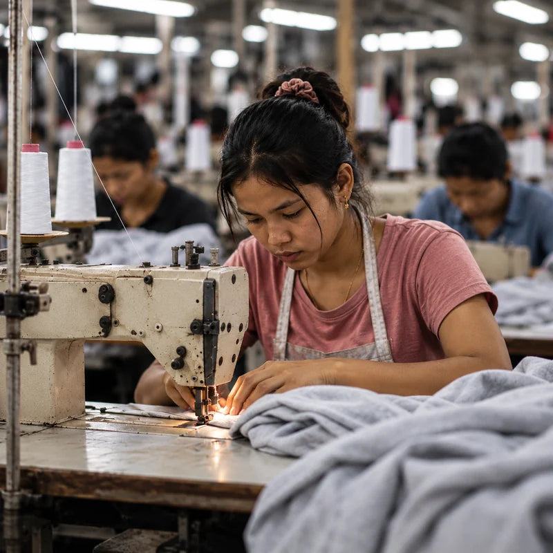 Personne travaillant sur une machine à coudre dans un atelier textile.