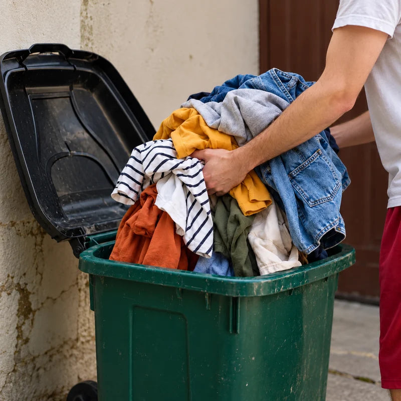 Personne déposant une pile de vêtements dans une poubelle.