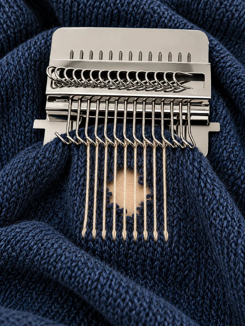 Fils de chaîne écrus tendus sur les crochets au-dessus du trou.