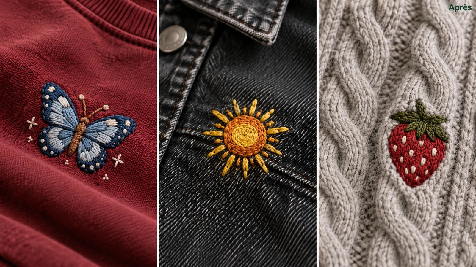Exemples de motifs brodés : papillon, soleil et fraise, sur les trois vêtements.