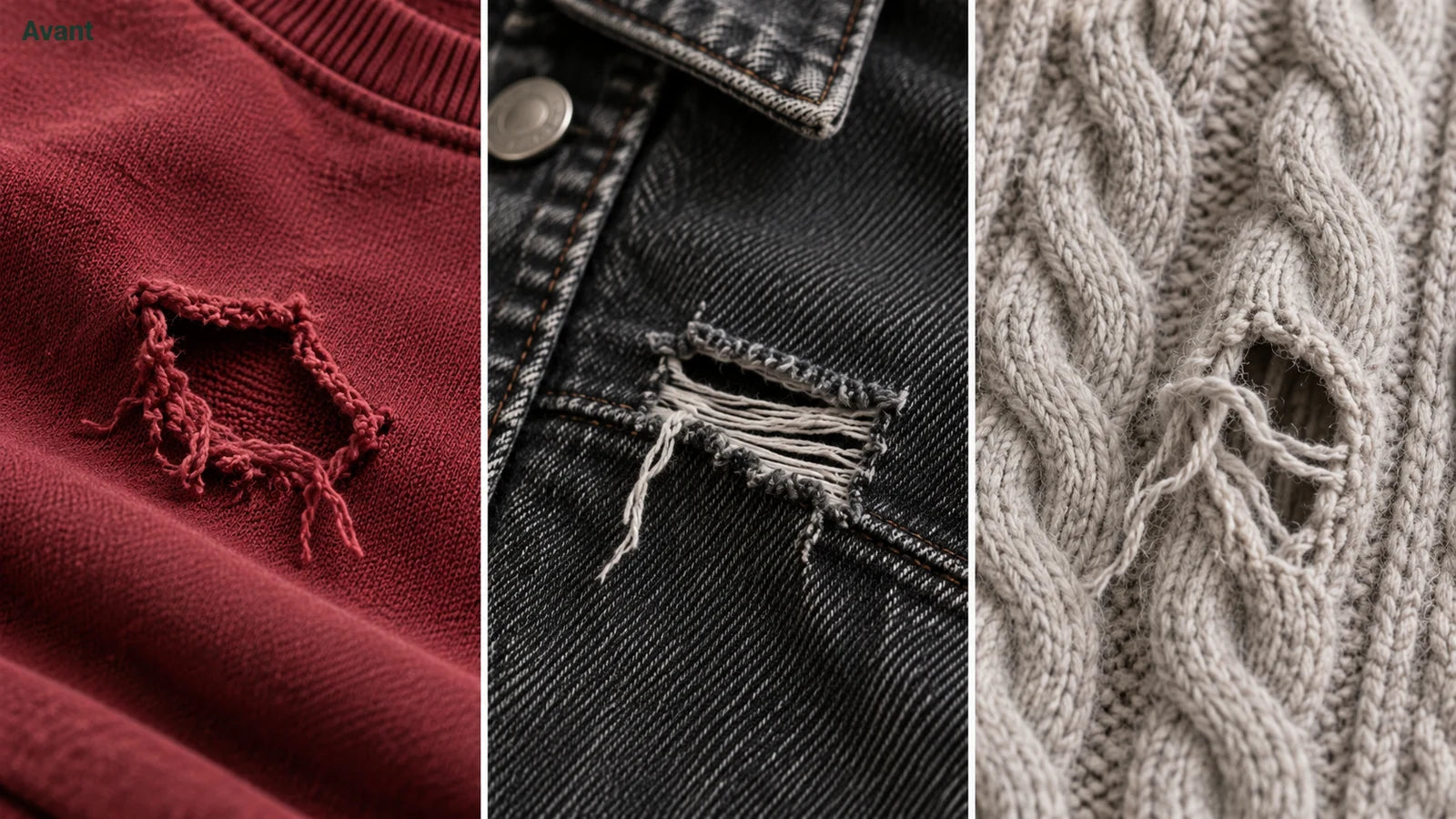 Trois vêtements abîmés : pull rouge, jean noir et maille écrue.