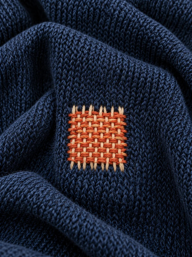 Reprise orange et écrue terminée sur la maille bleu marine, après retrait du métier.
